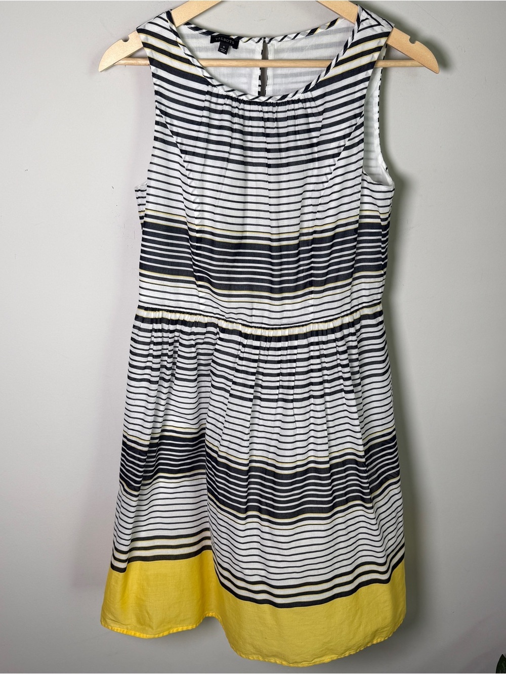 Talbots Cotton Navy White Yellow Stripe Fit Flare Dress 6 old money Nautical